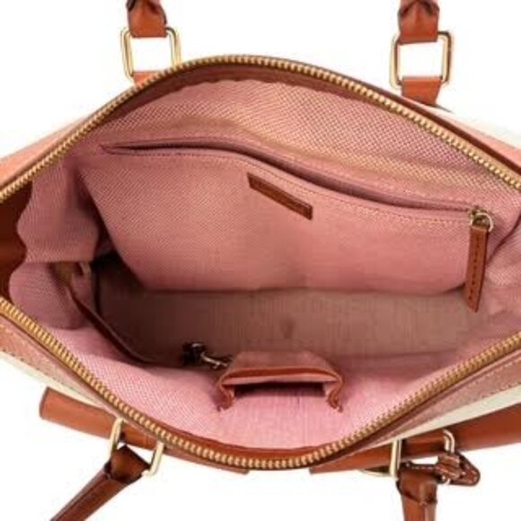 Dooney & Bourke Vintage  Pebbled Leather Satchel Tote | White Tan Trim Large Bag - Picture 6 of 14